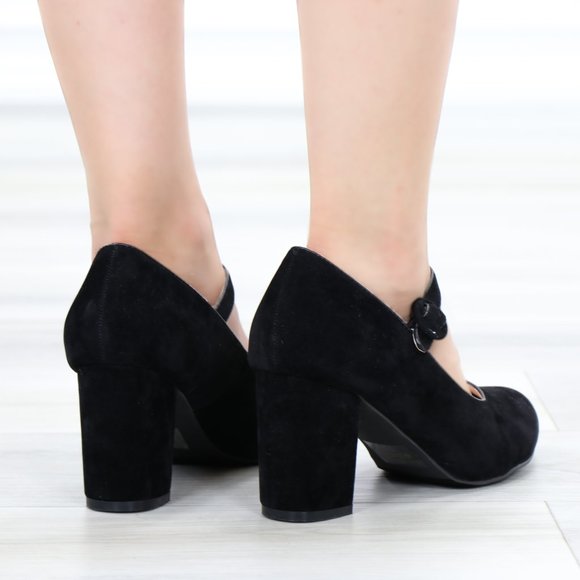 Cute Black Faux Suede Chunky Heel Pumps - Picture 10 of 13